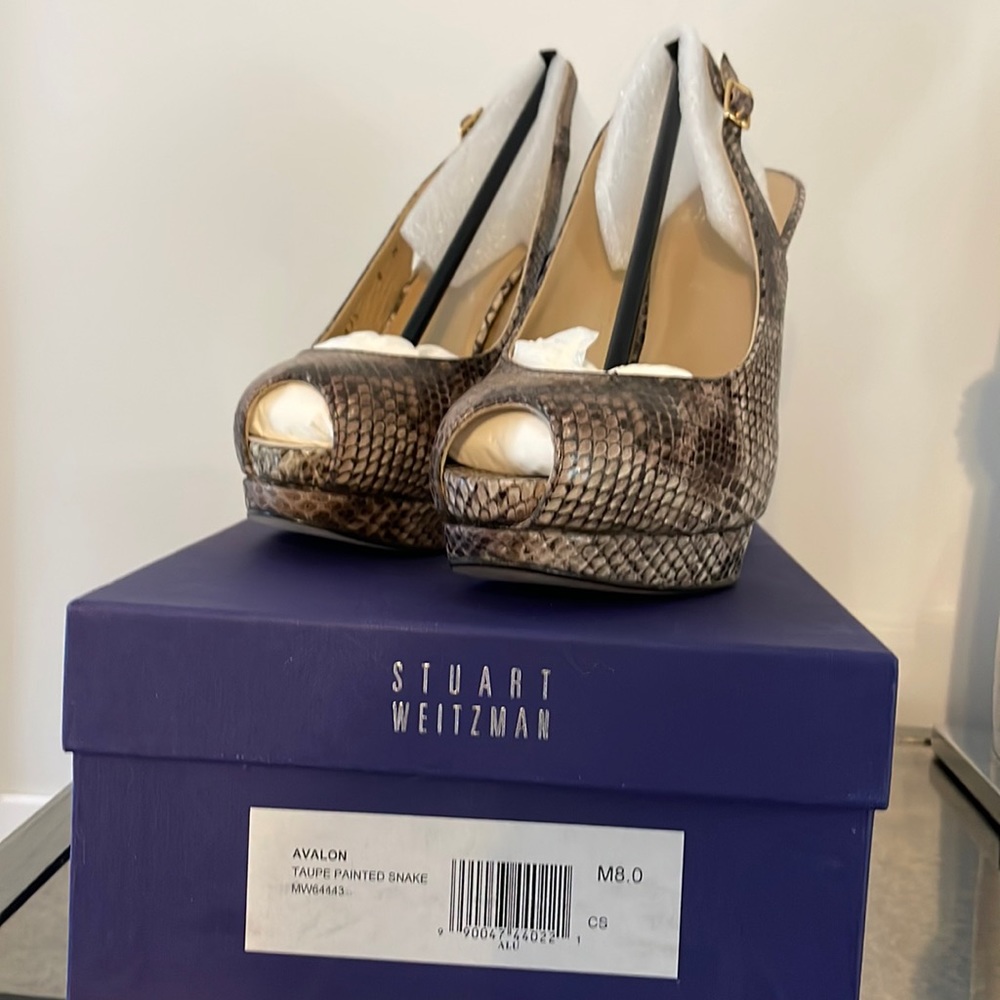 Sling back platform 5 inch heel, brownish shades snakeskin, new in box size 8